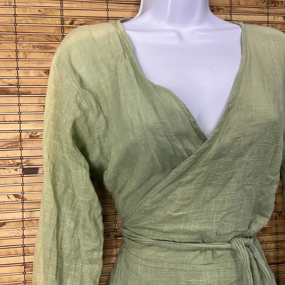 Yamuna Hand Dyed Wrap Dress Womens OS‎ Green Cotton Boho Tribal Block Print Folk